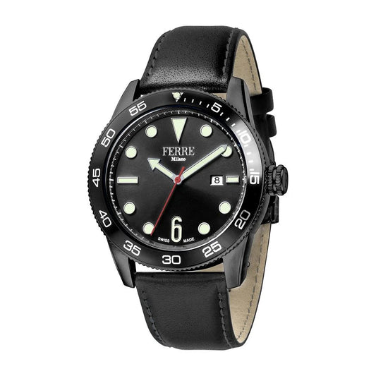 FERRE MILANO GENTS BLACK DIAL BLACK LEATHER WATCH