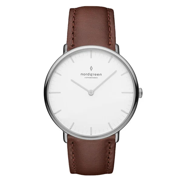 NORDGREEN WATCH Female/Unisex Silver White Dial Brown Leather Strap 11